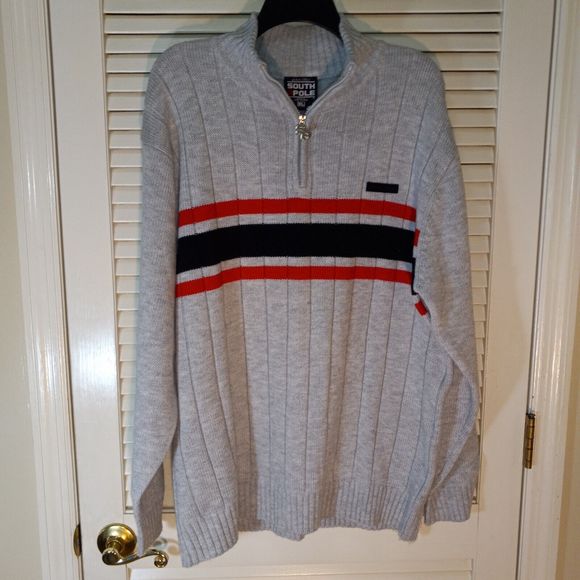 South Pole Mens Size XL Sweater Long Sleeve Gray Red Striped Heavyweight 1/4 Zip - Picture 2 of 16